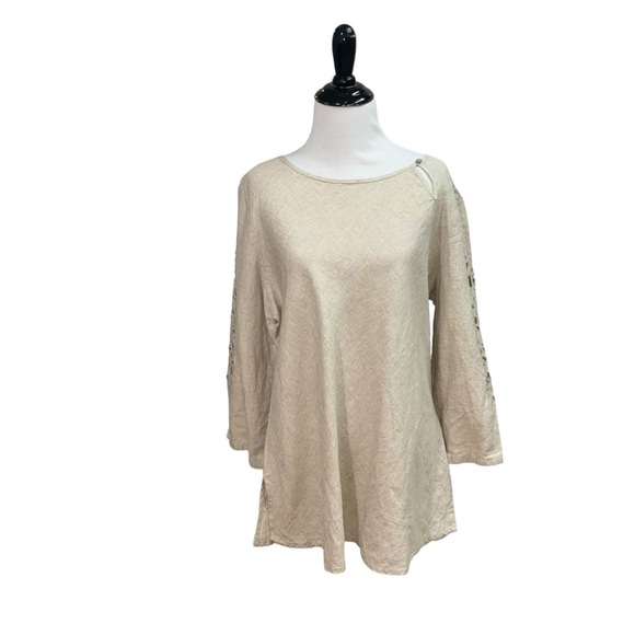 Edward Irish Linen Women's L Large Tunic Top Eyelet Sleeves 100% Linen Side Slit - Picture 1 of 9